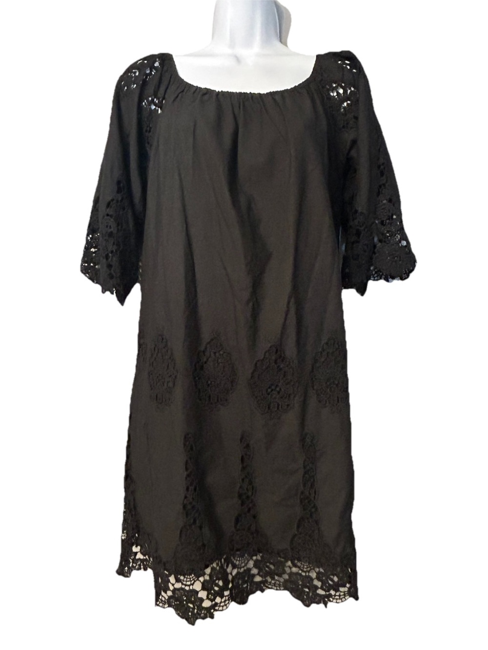 MOON Black 3/4 Sleeve Lace Eyelet Crochet Boho Lined Dress Women’s Large